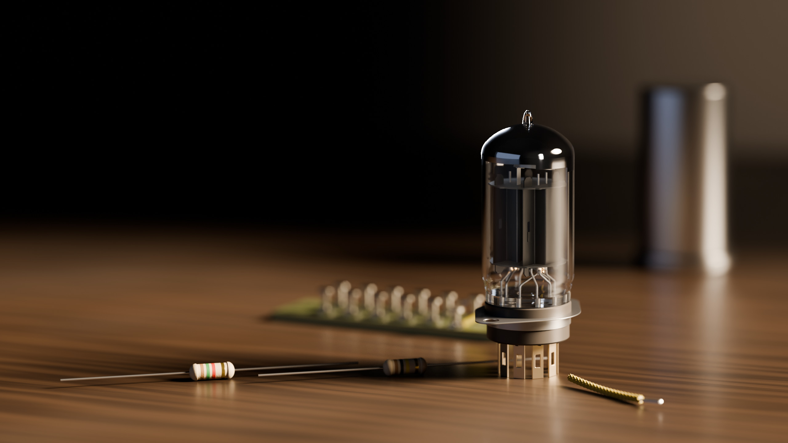 A 12AX7 valve standing in its socket on a dark walnut bench, lit by a single warm window, with two resistors and a cloth covered wire beside it
